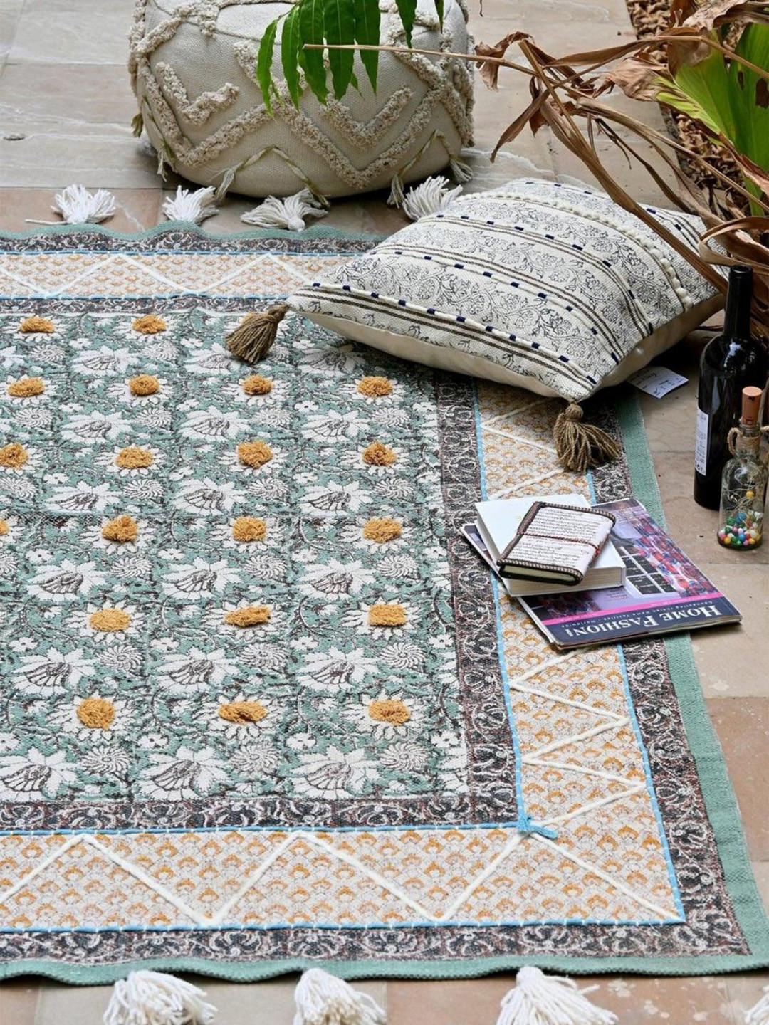 Art Avenue Green & White Floral Printed & Embroidered Cotton Carpet