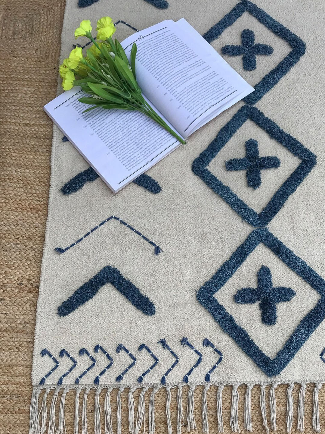 Art Avenue Grey & Blue Geometric Embroidered Embossed Design Cotton Carpet