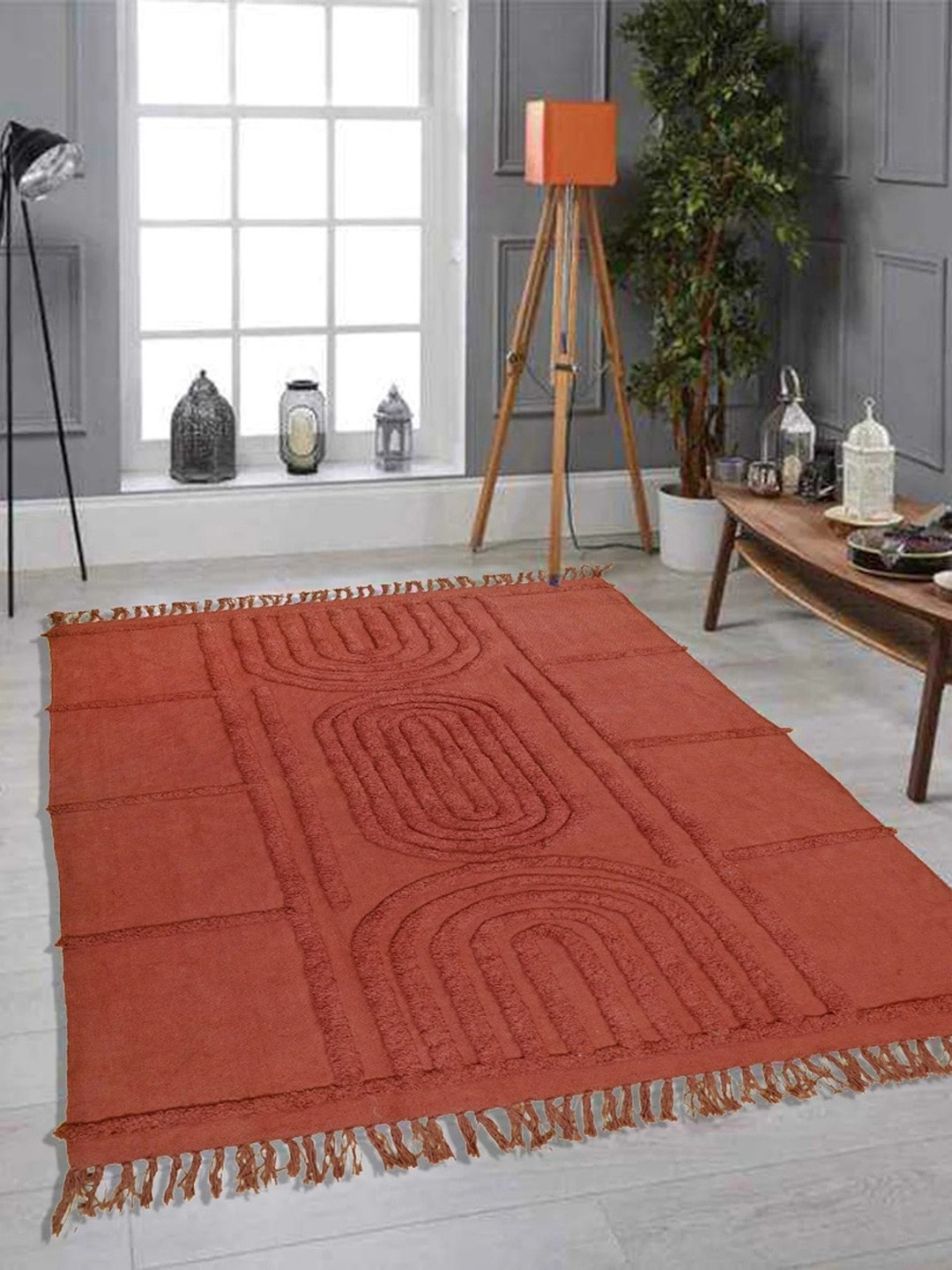Art Avenue Rust Geometric Embroidered Cotton Carpet