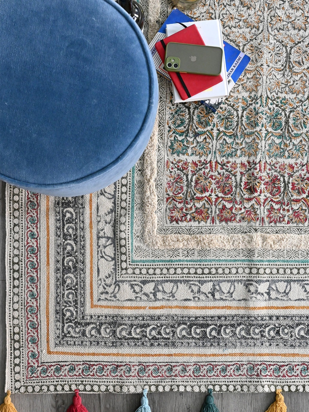 Art Avenue Cream & Red Ethnic Motifs Printed & Embossed Cotton Rectangular Carpet