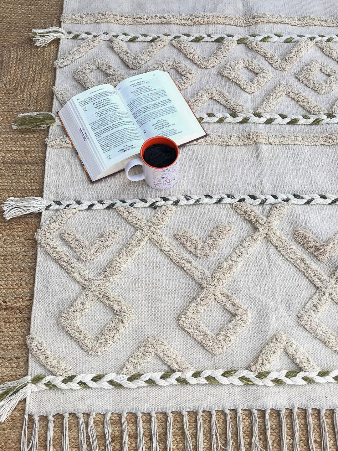 Art Avenue Cream Geometric Embroidered Cotton Carpet