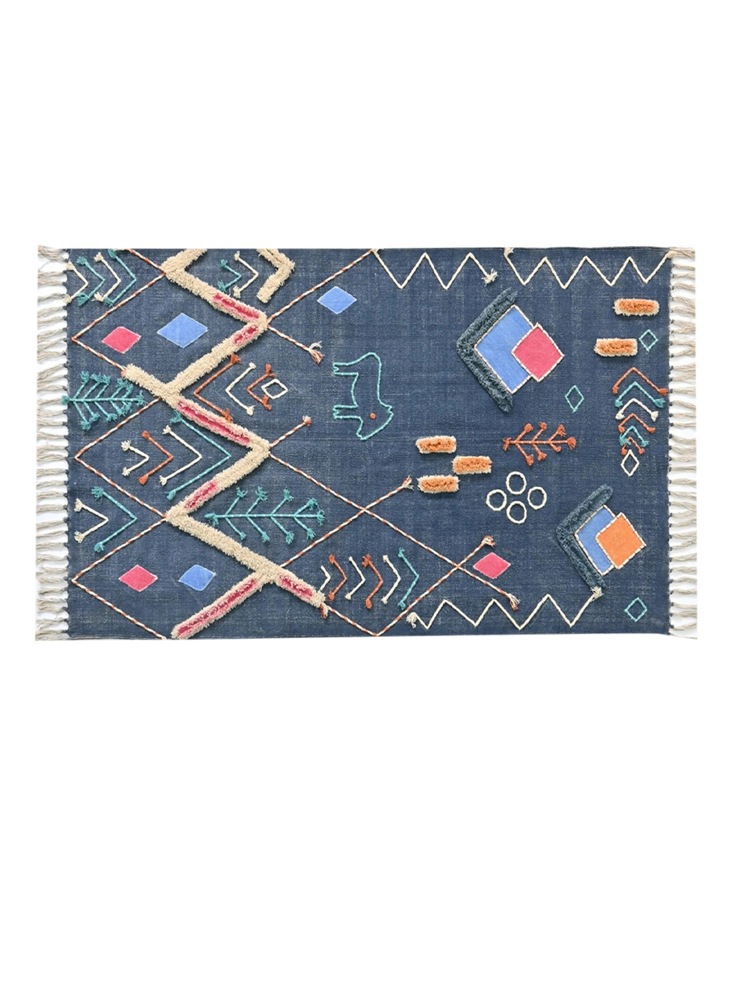 Art Avenue Blue & Orange Geometric Embroidered & Applique Cotton Carpet
