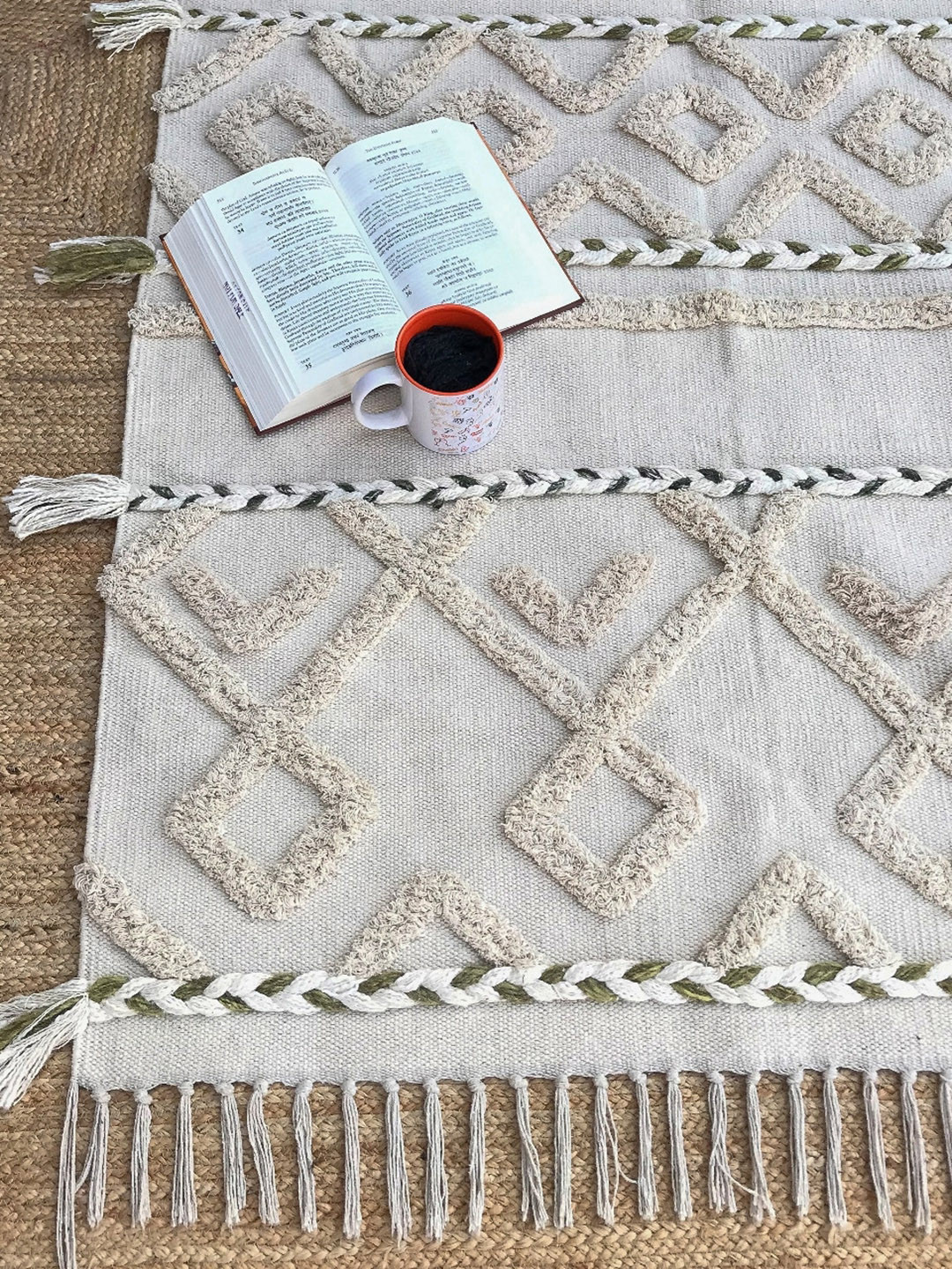 Art Avenue Cream Geometric Embroidered & Braided Cotton Carpet