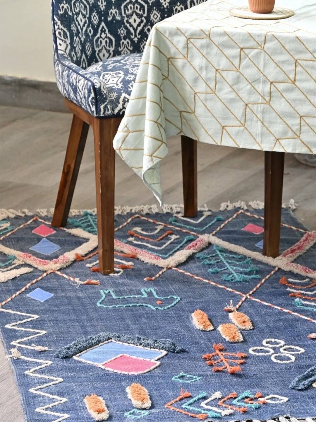 Art Avenue Blue & Orange Geometric Embroidered & Applique Cotton Carpet