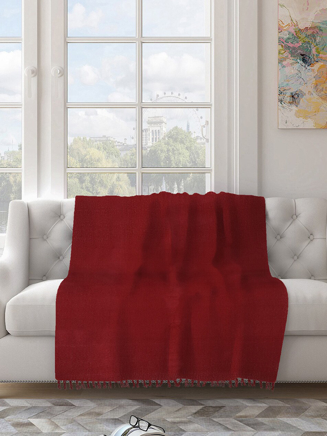 Fabindia Maroon Solid Acrylic Woven Throw