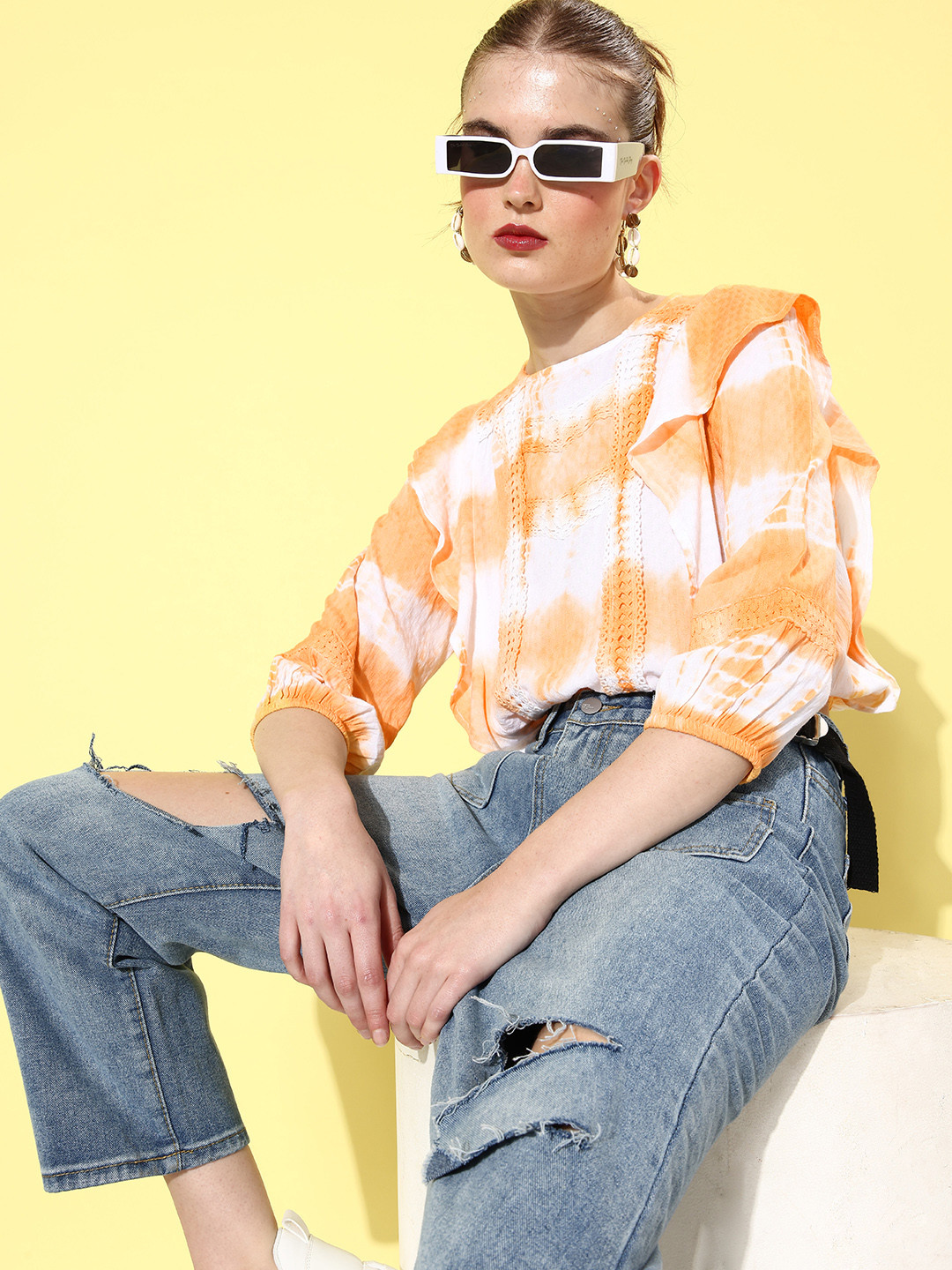 EVERYDAY by ANI White & Yellow Tie and Dye Puff Sleeves Boxy Crop Top With Ruffled Detail
