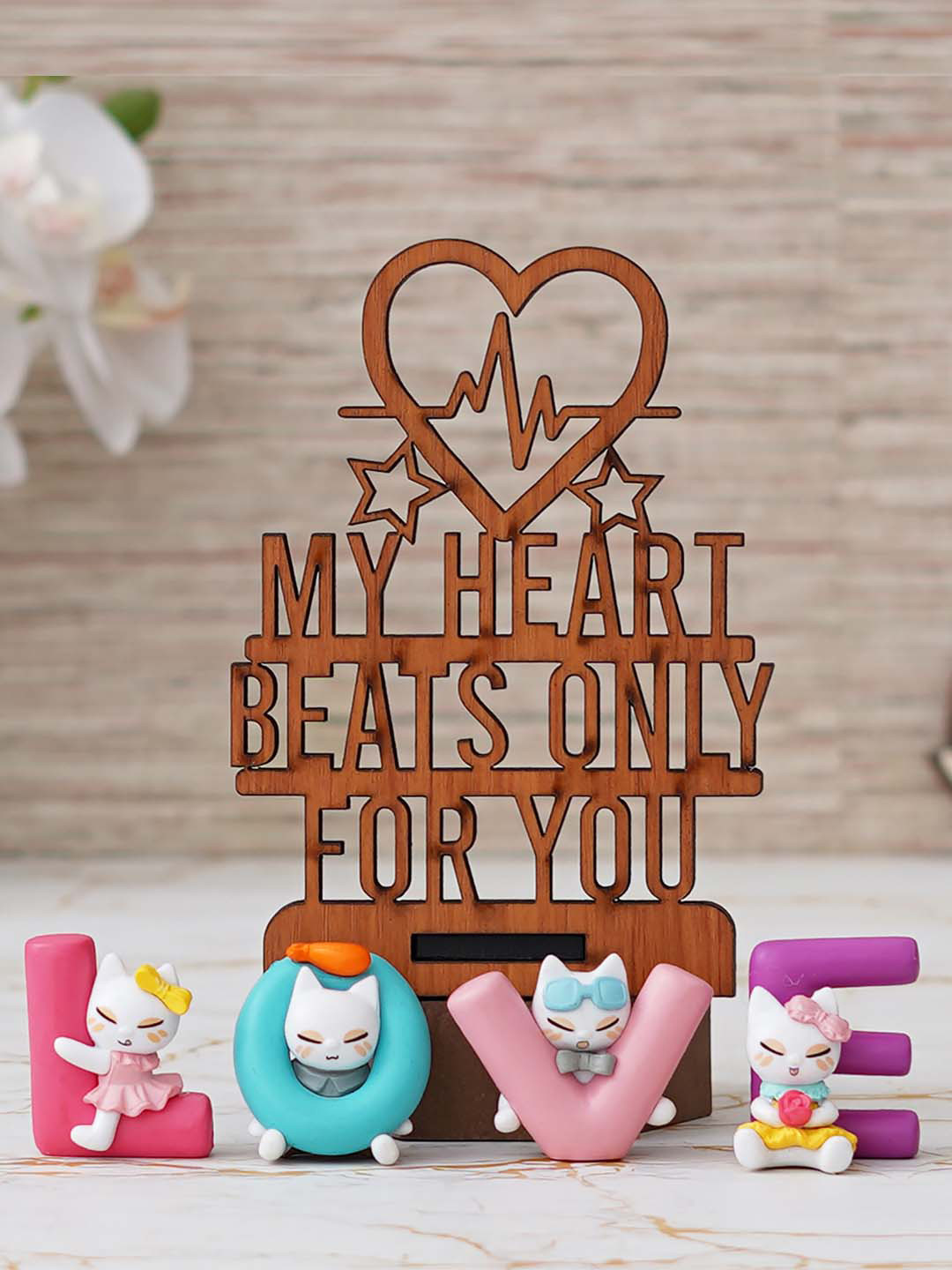 eCraftIndia Brown & Pink 2 Pcs Wooden Showpiece With Stand & Animated Characters Showpiece