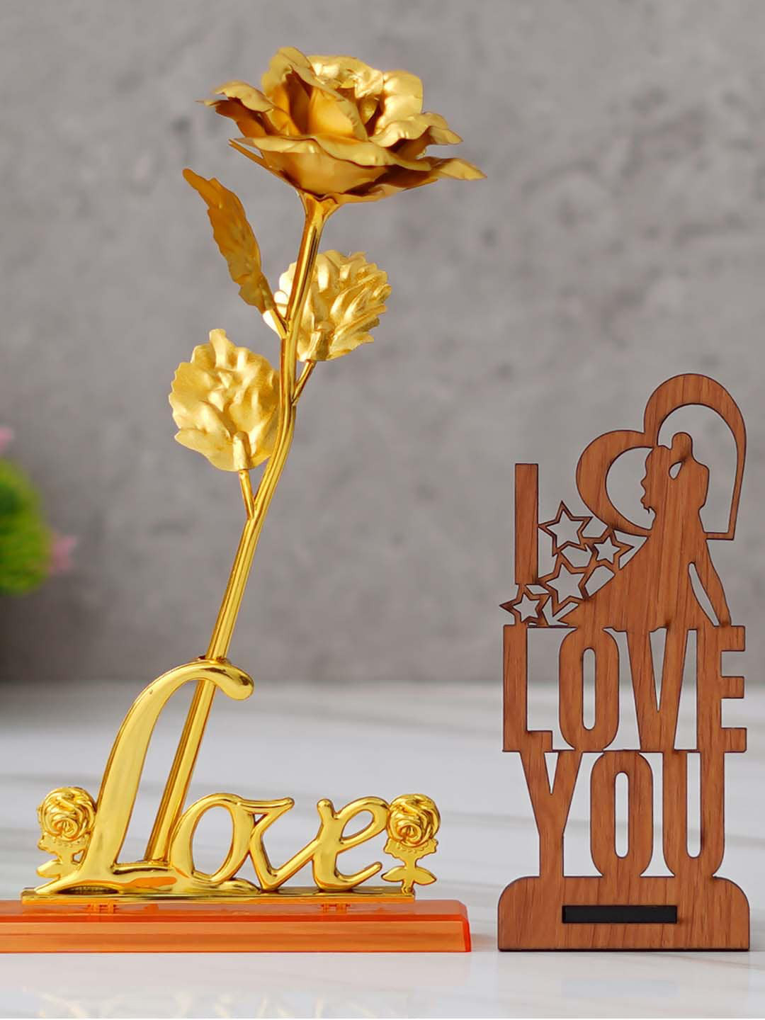 eCraftIndia 2 Pieces Brown Table Decor Showpiece & Rose Table Decor