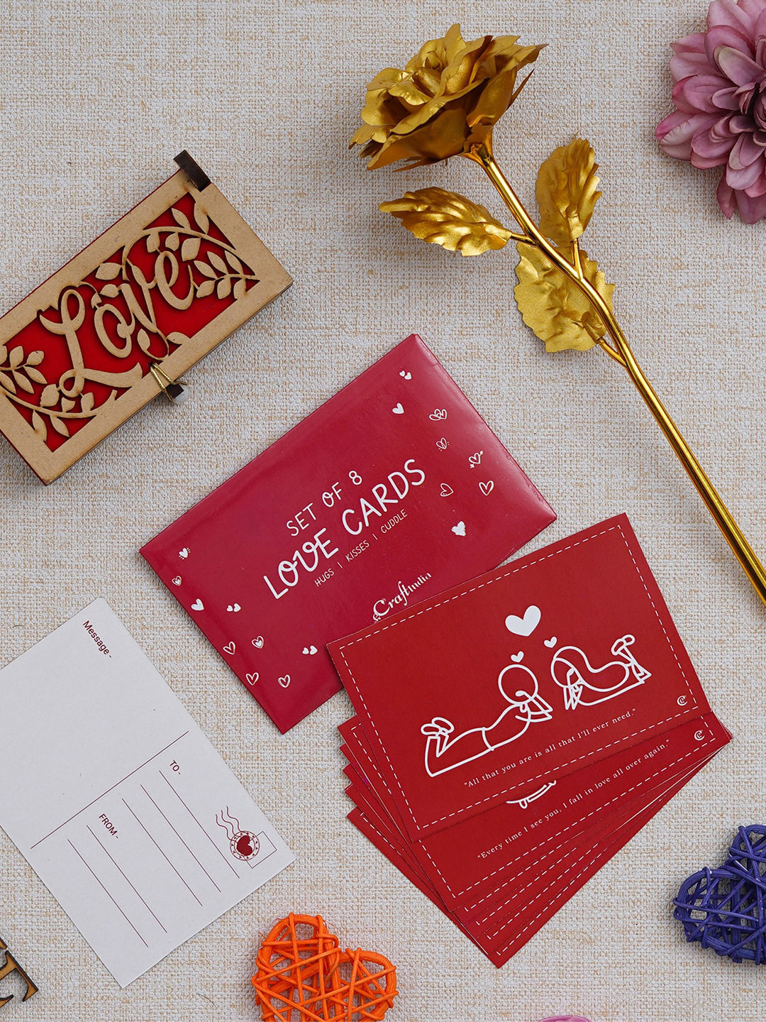 eCraftIndia 10 Pieces Red & Beige Love Gift Cards Rose & Wooden Gift Box