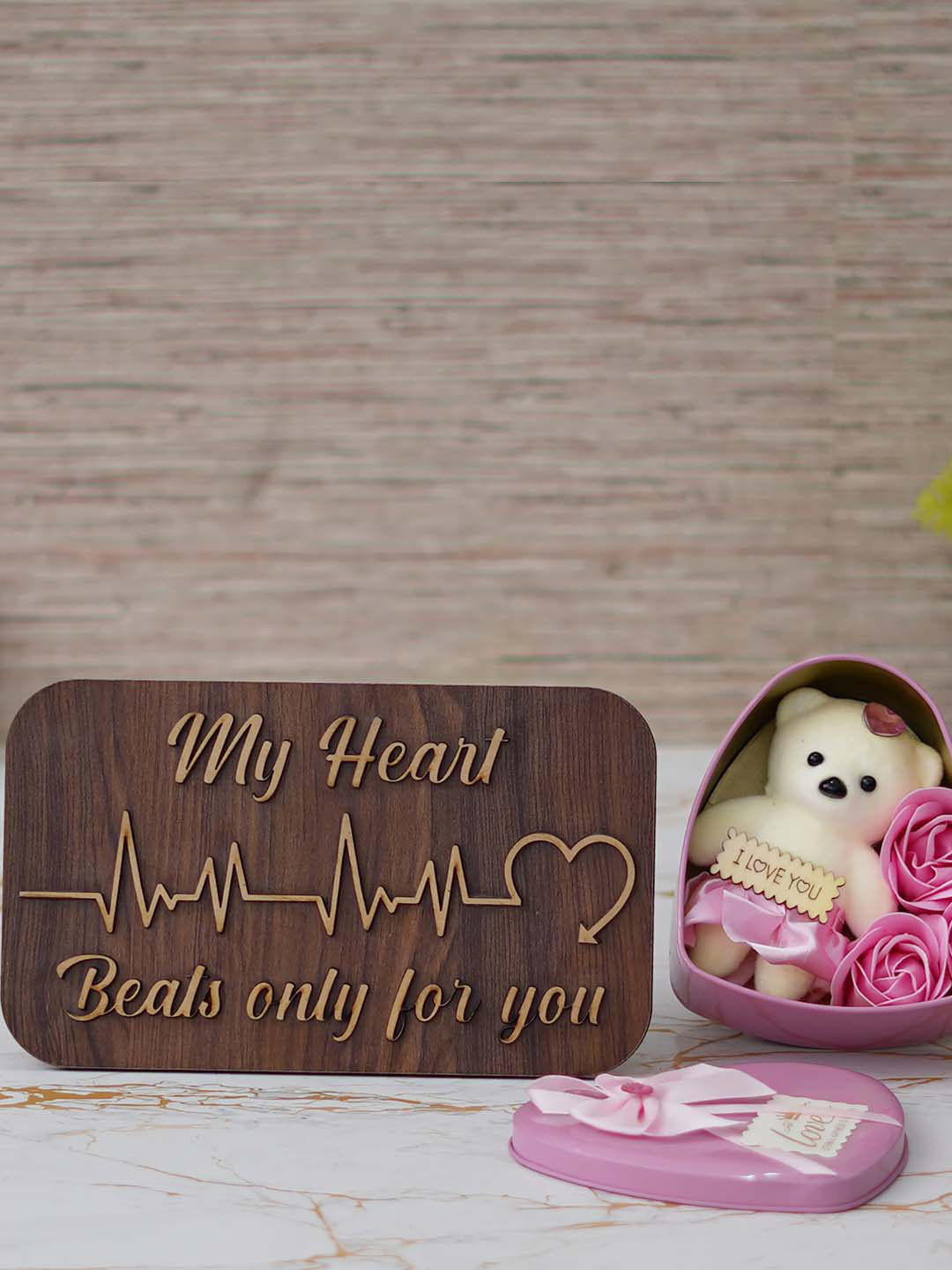 eCraftIndia 6 Pieces Brown & Pink Showpiece With Stand & Heart Shaped Gift Box