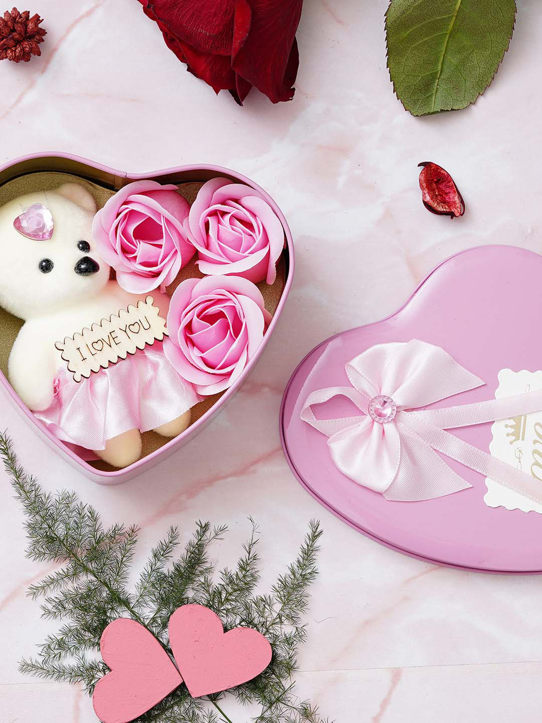 eCraftIndia 3 Pieces Red & Pink Rose & Heart Shaped Gift Box