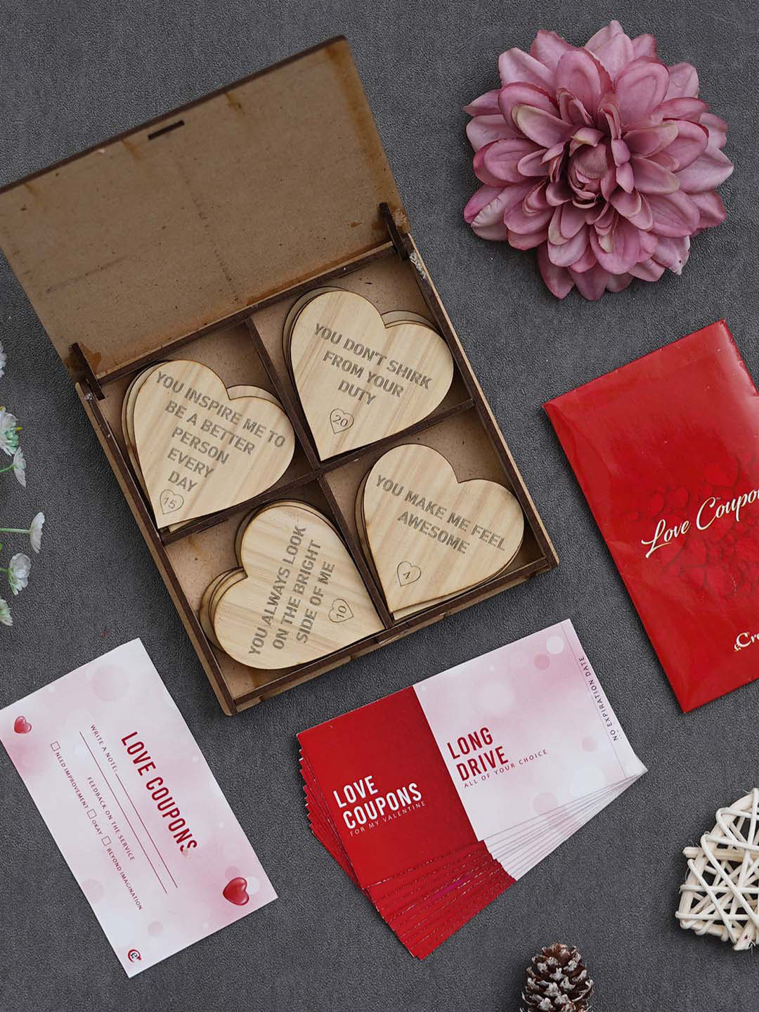 eCraftIndia 2 Pieces Red & Brown Love Coupons Card With Wooden Gift Box