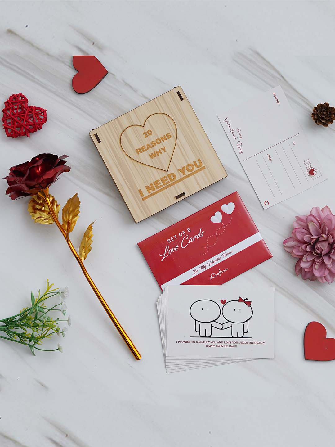 eCraftIndia 3 Pcs Love Post Cards Gift Cards , Golden Red Rose Gift Valentine Gift Set