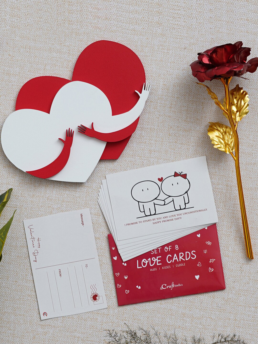 eCraftIndia 3 Pcs Red & White Love Gift Cards, Red Rose Valentine's Day Gift Set