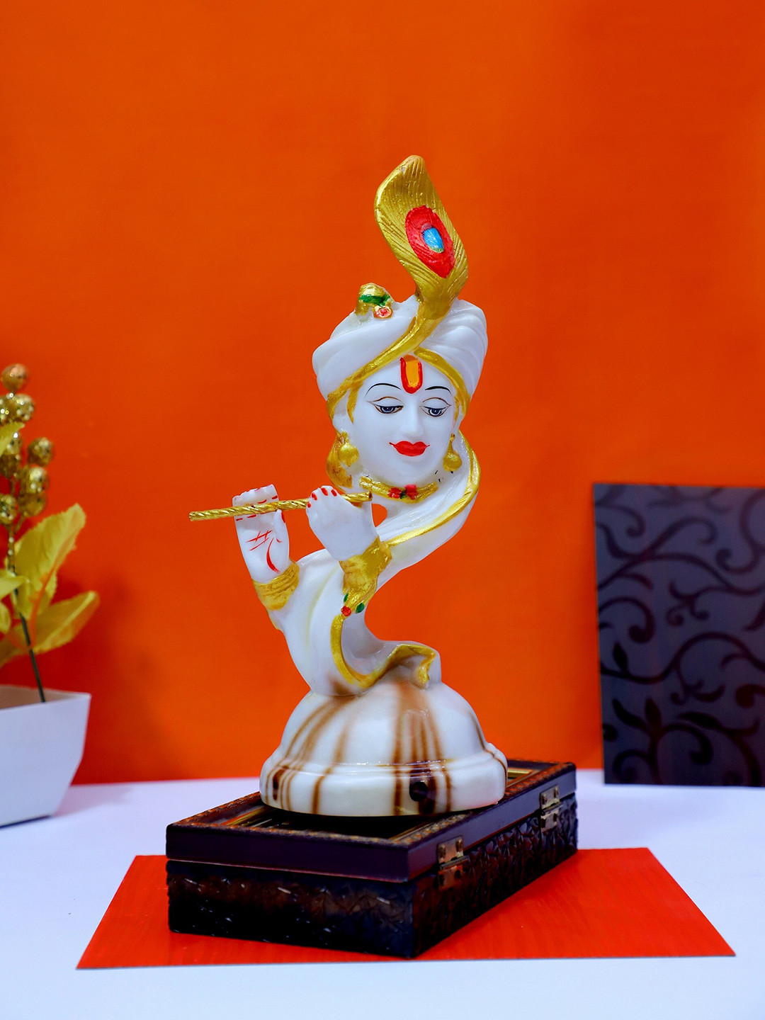 FASHIYANOO Loard Krishna with Murli Ladoo Gopal White Polyresin Matte Home Office Music Medium Showpiece - 8 Inches