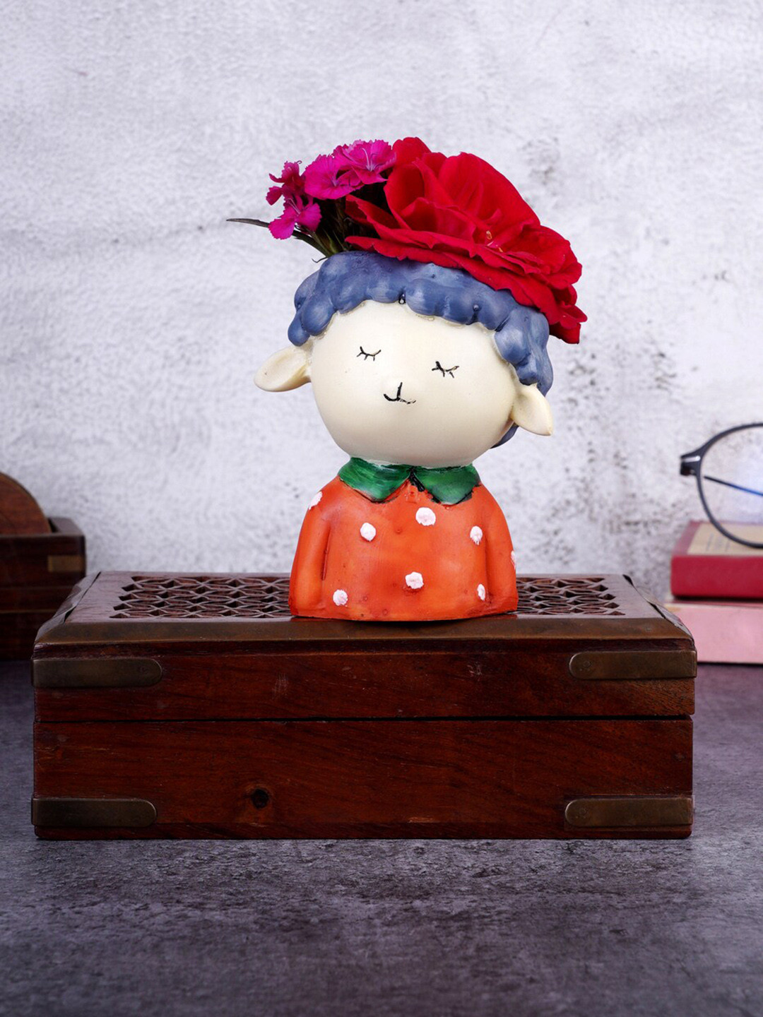 FASHIYANOO Pot Orange Polyresin Matte Living Room Small Showpiece - 4 Inches