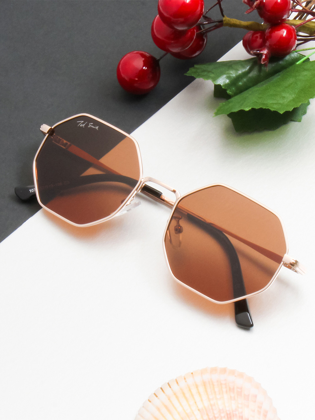 Ted Smith Unisex Gold-Brown Aesthetic Octagon Sunglasses With Polarized Lens