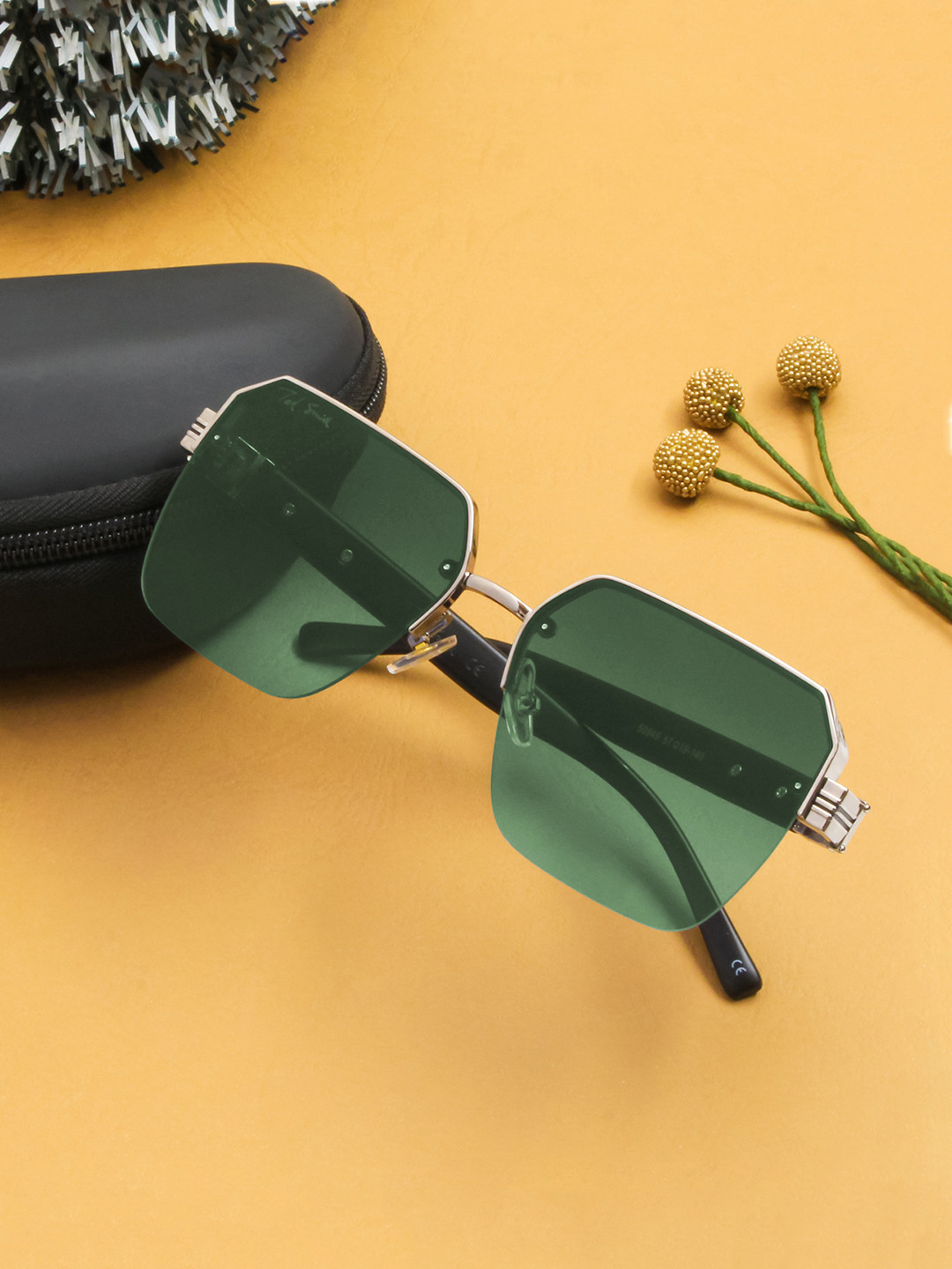 Ted Smith Unisex Green Square Half-Rim Sunglasses With UV Protected Lens