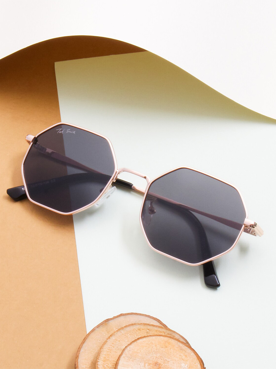 Ted Smith Unisex Gold-Black Octagon Sunglasses With Polarized Lens