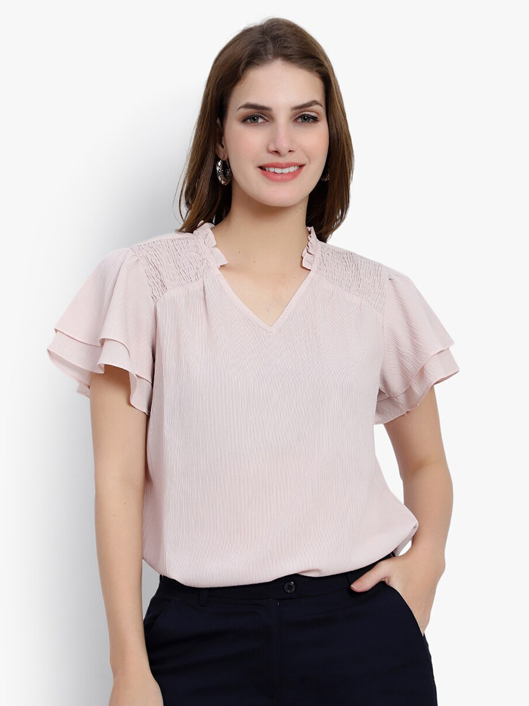 DRIRO V Neck Smocked Flared Sleeve Top