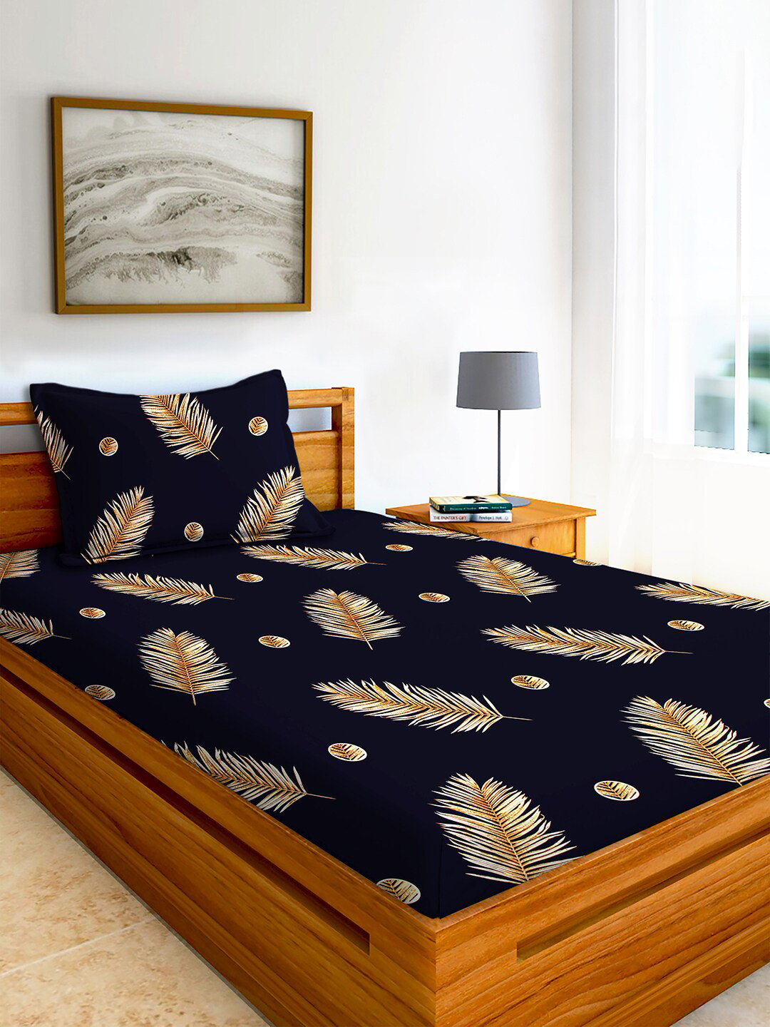 AEROHAVEN Navy Blue Conversational Cotton 210 TC Single Fine Bedsheet with a Pillow Cover-59 x 87 inches