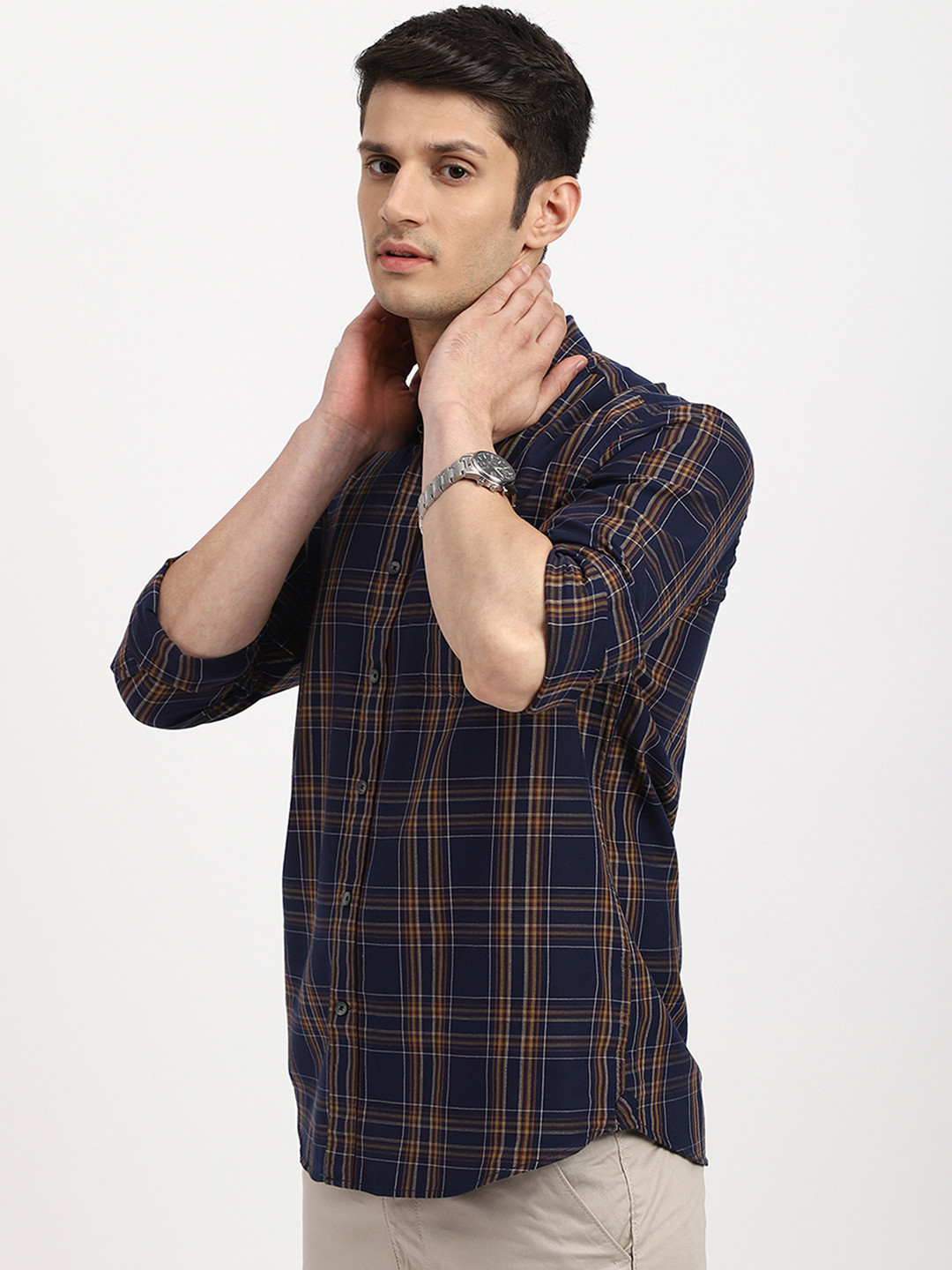 Arrow Sport Men Navy Blue Slim Fit Plaid Twill Weave Casual Shirt