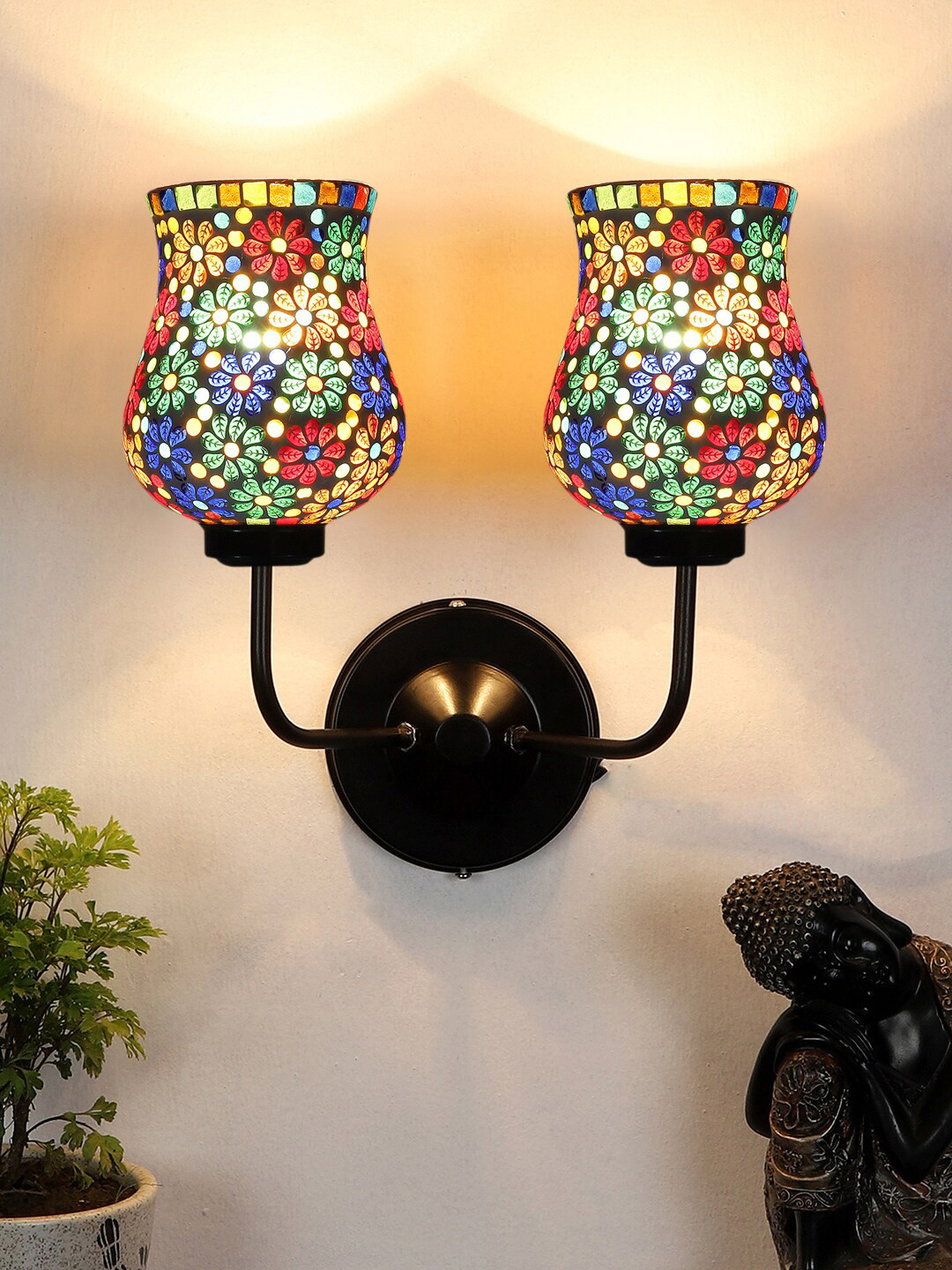 Devansh White & Green Dual Mosaic Glass Shade Wall Mounted Lamp with Iron Base