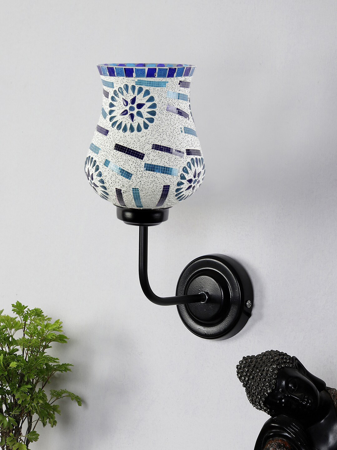 Devansh White & Blue Mosaic Glass Shade Wall Mounted Lamp with Iron Base