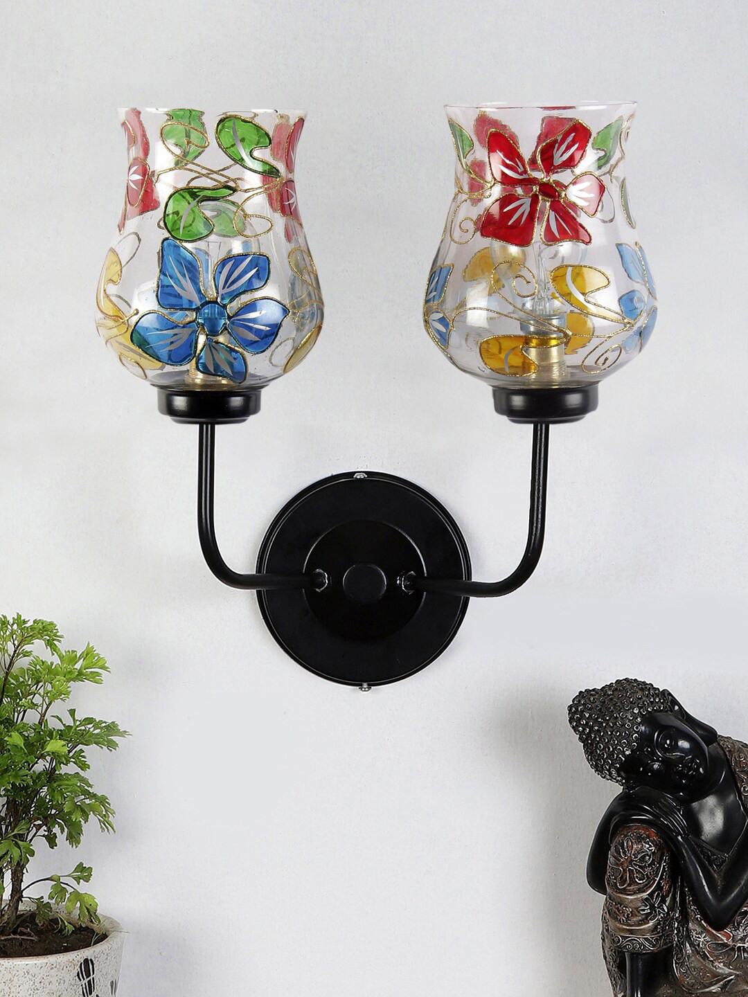 Devansh Transparent & Red Dual Mosaic Glass Shade Wall Mounted Lamp with Iron Base