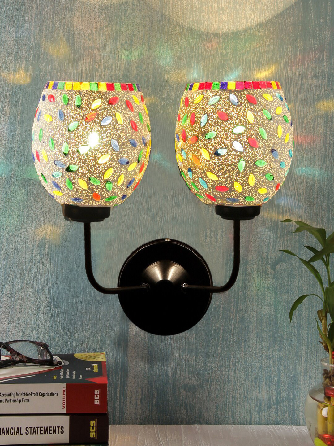 Devansh Dual White & Red Mosaic Glass Shade Wall Mounted Lamp with Iron Base