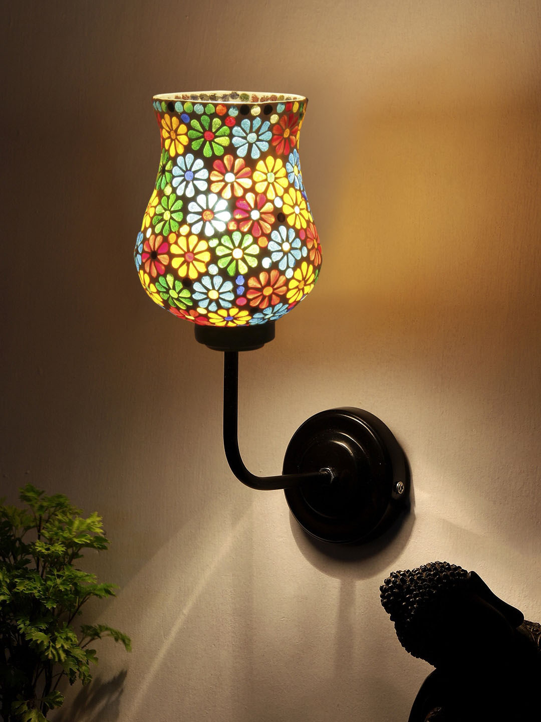 Devansh White & Red Mosaic Glass Shade Wall Mounted Lamp with Iron Base