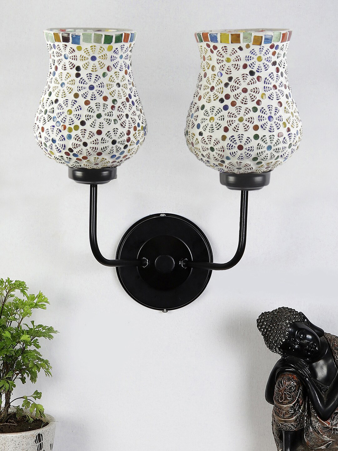 Devansh White & Yellow Dual Mosaic Glass Shade Wall Mounted Lamp with Iron Base