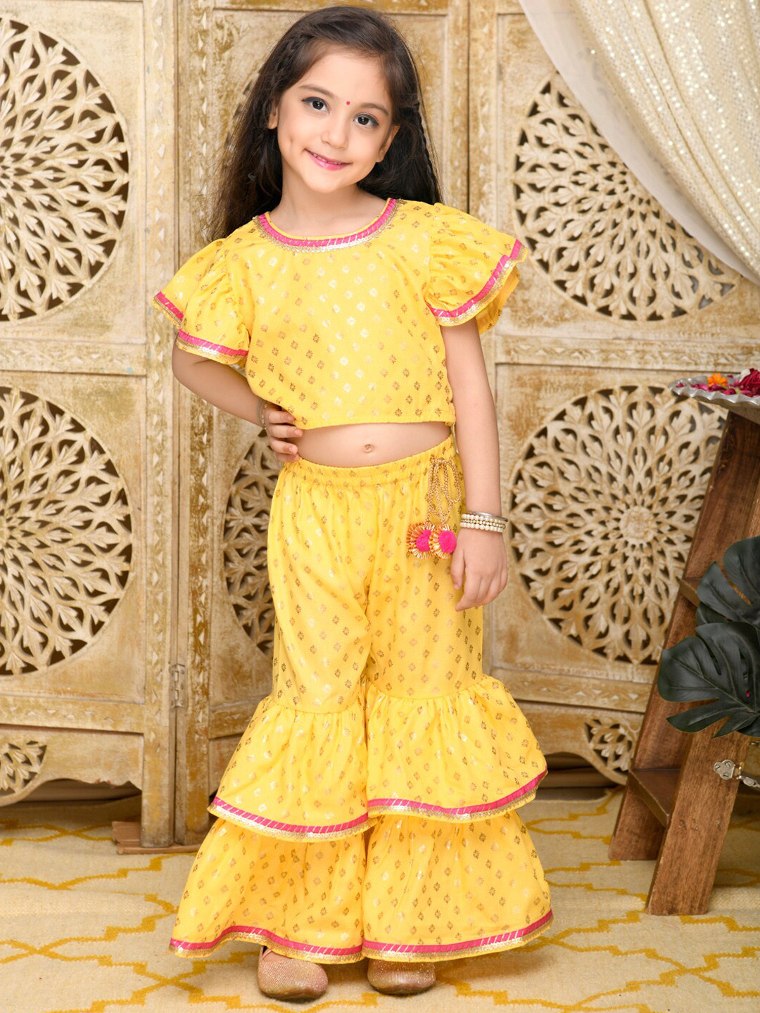 SAKA DESIGNS Girls Ethnic Motifs Printed Flared Sleeves Top with Sharara