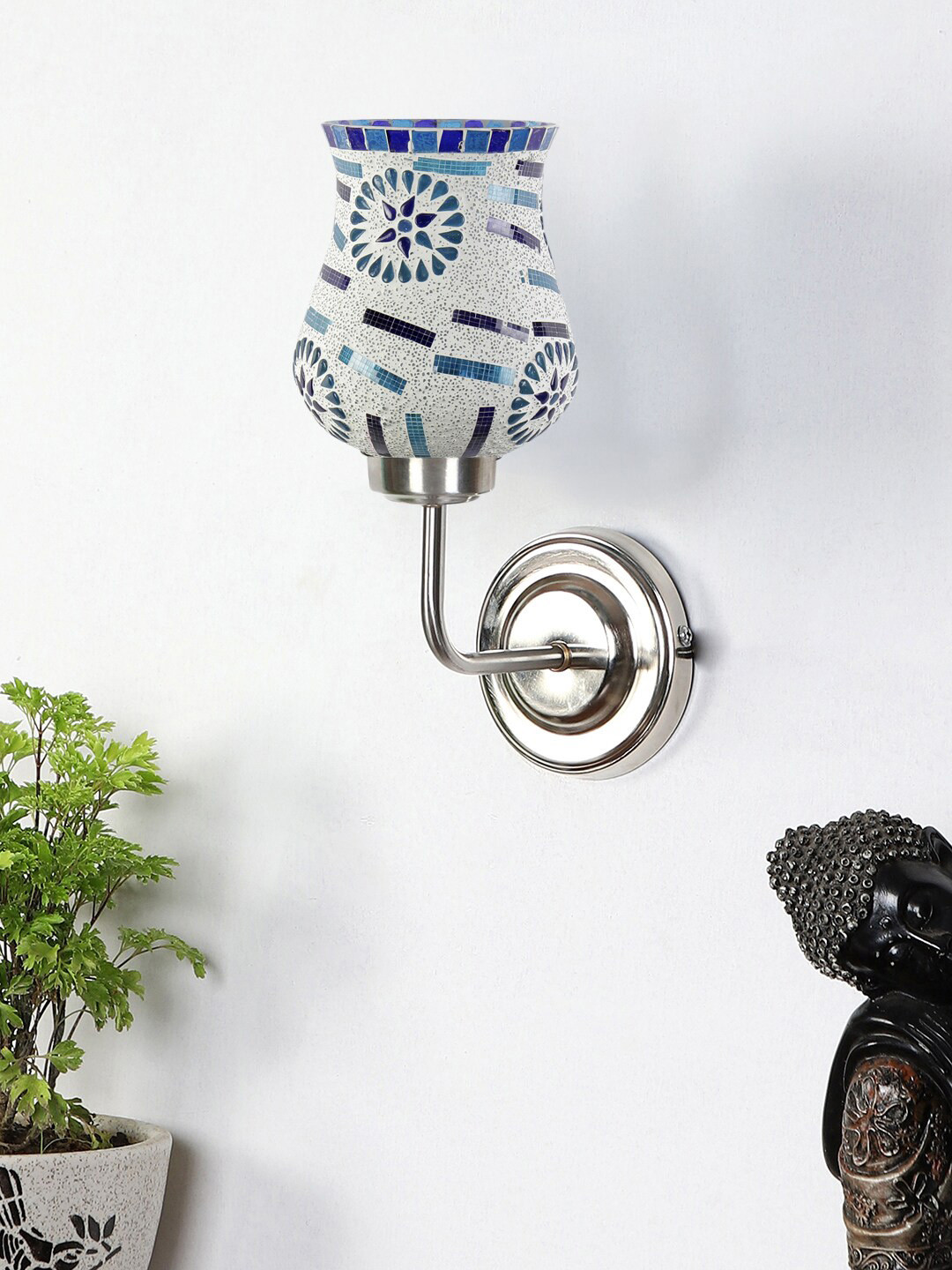 Devansh White & Blue Textured Mosaic Glass Mounted Wall Lamp Steel Base