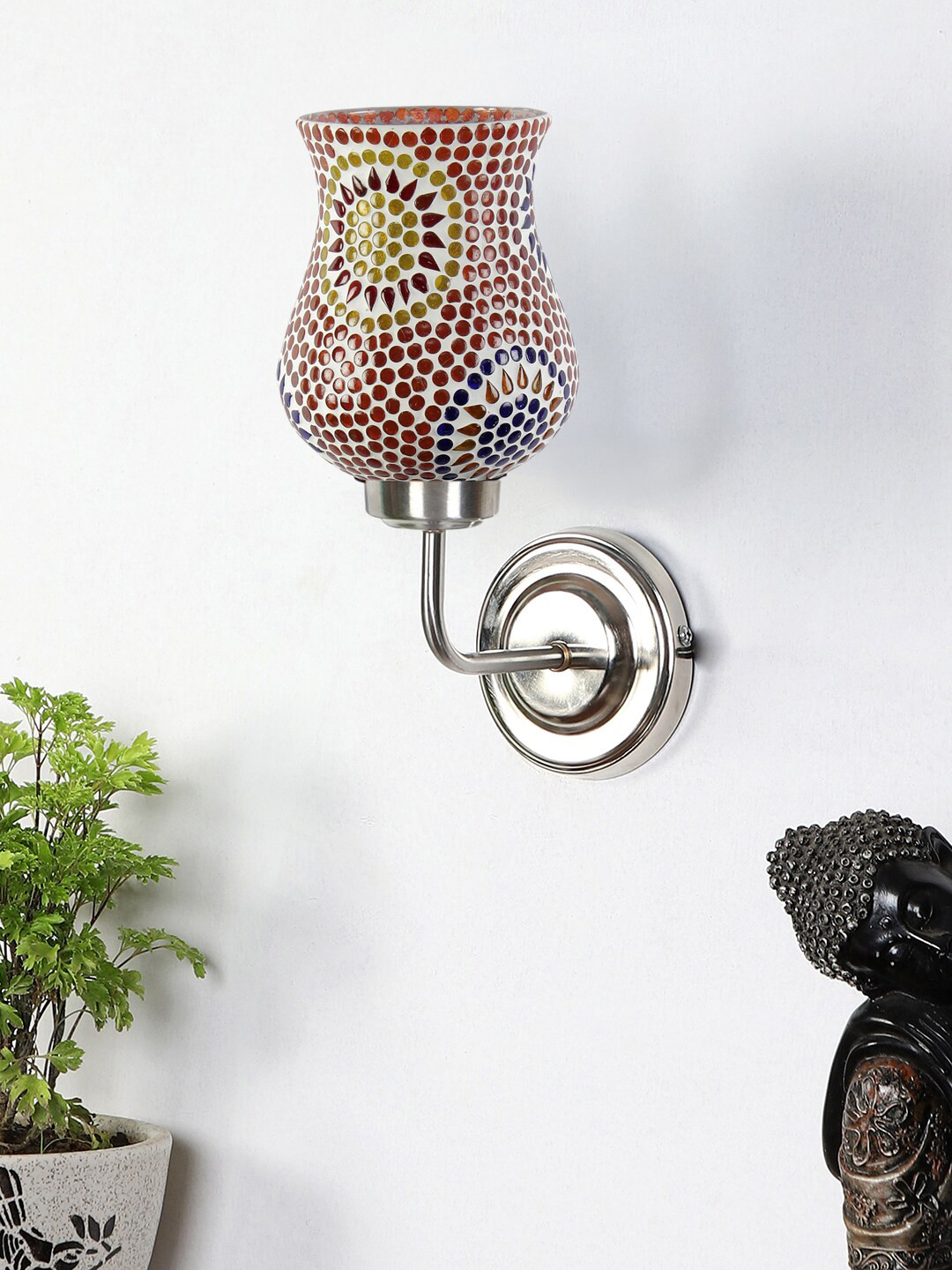 Devansh White & Red Mosaic Glass Shade Wall Mounted Lamp with Iron Base