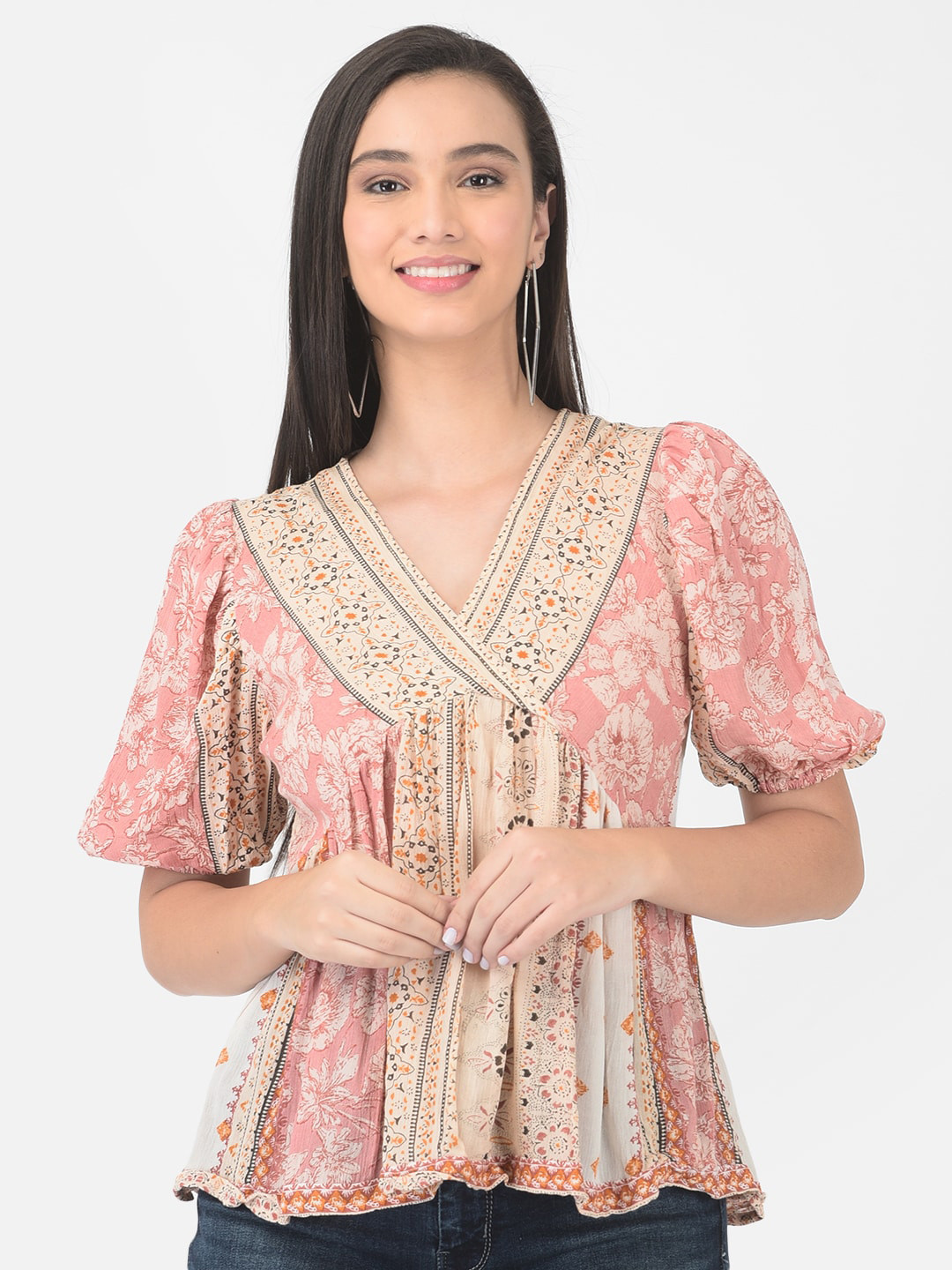 VELDRESS Floral Printed Pleated Puff Sleeves Empire Top