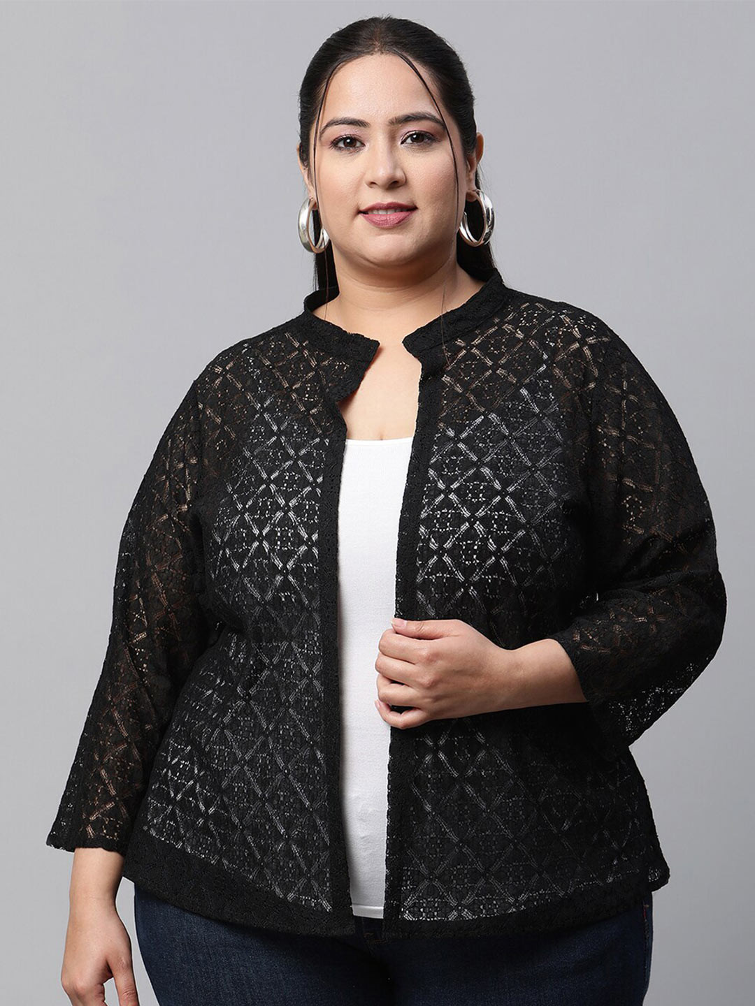 UnaOne Women Plus Size Self Design Shrug