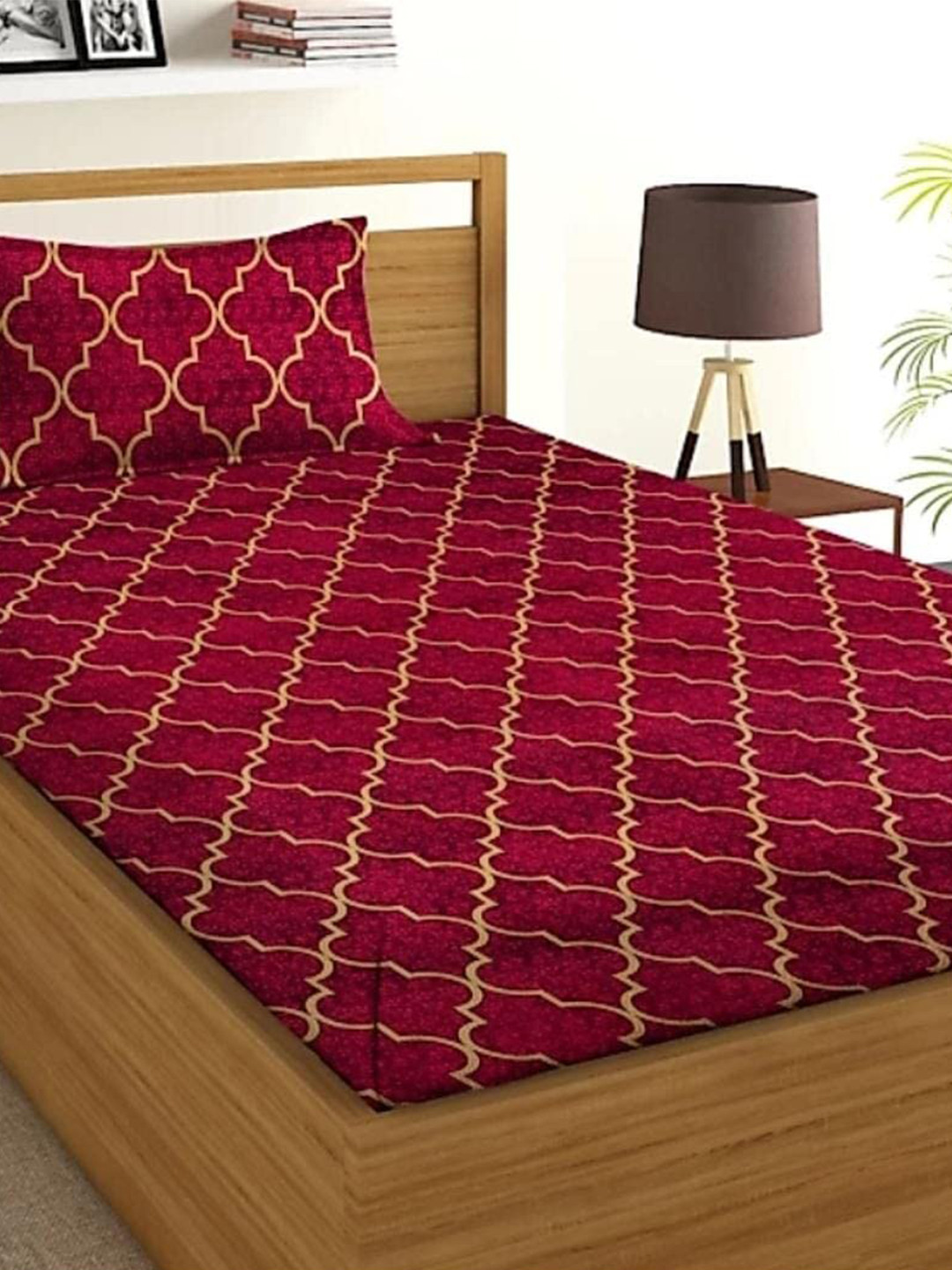 Bajo's Maroon Geometric Polycotton 220 TC Single Fine Bedsheet with a Pillow Cover-59 x 89 inches