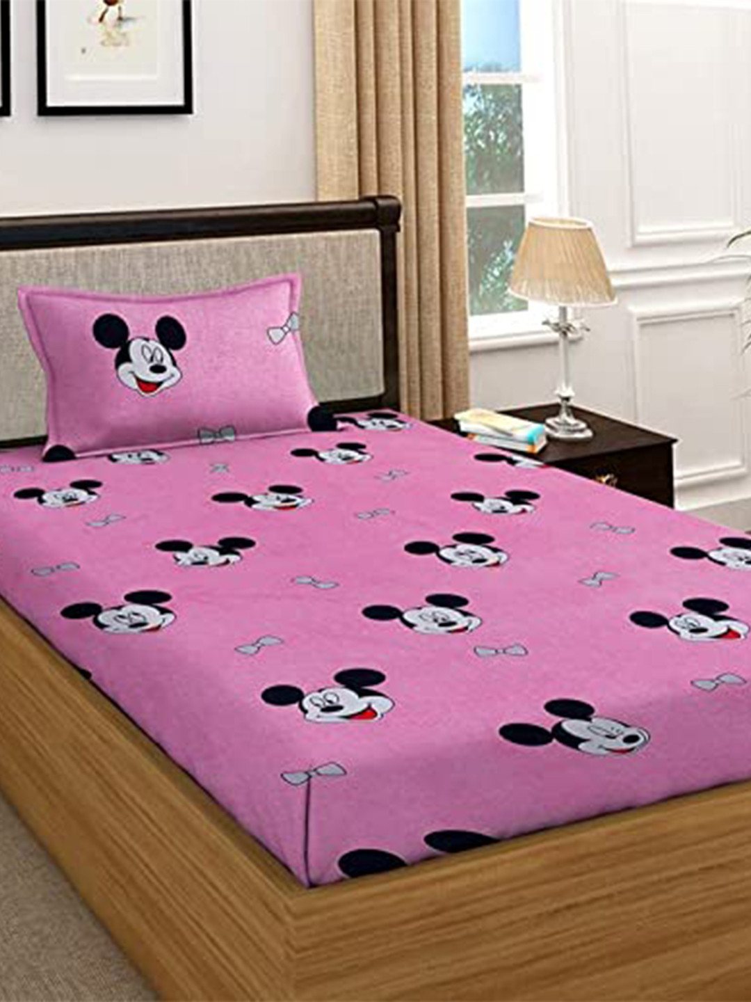 Bajo's Pink Cartoon Characters Polycotton Wrinkle Free 220 TC Single Fine Bedsheet with a Pillow Cover-90 x 59 inches