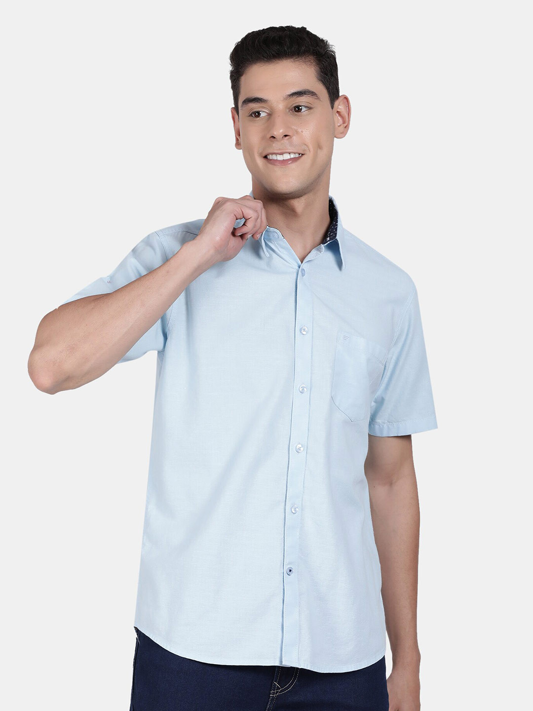 t-base Men Blue Casual Cotton Linen Shirt