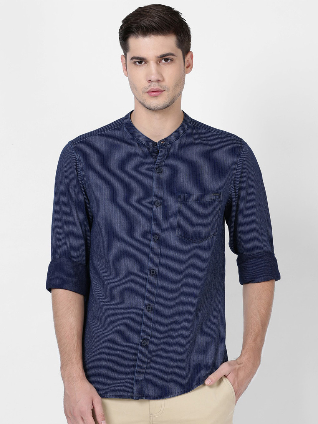 t-base Men Band Collar Printed Casual Cotton Shirt