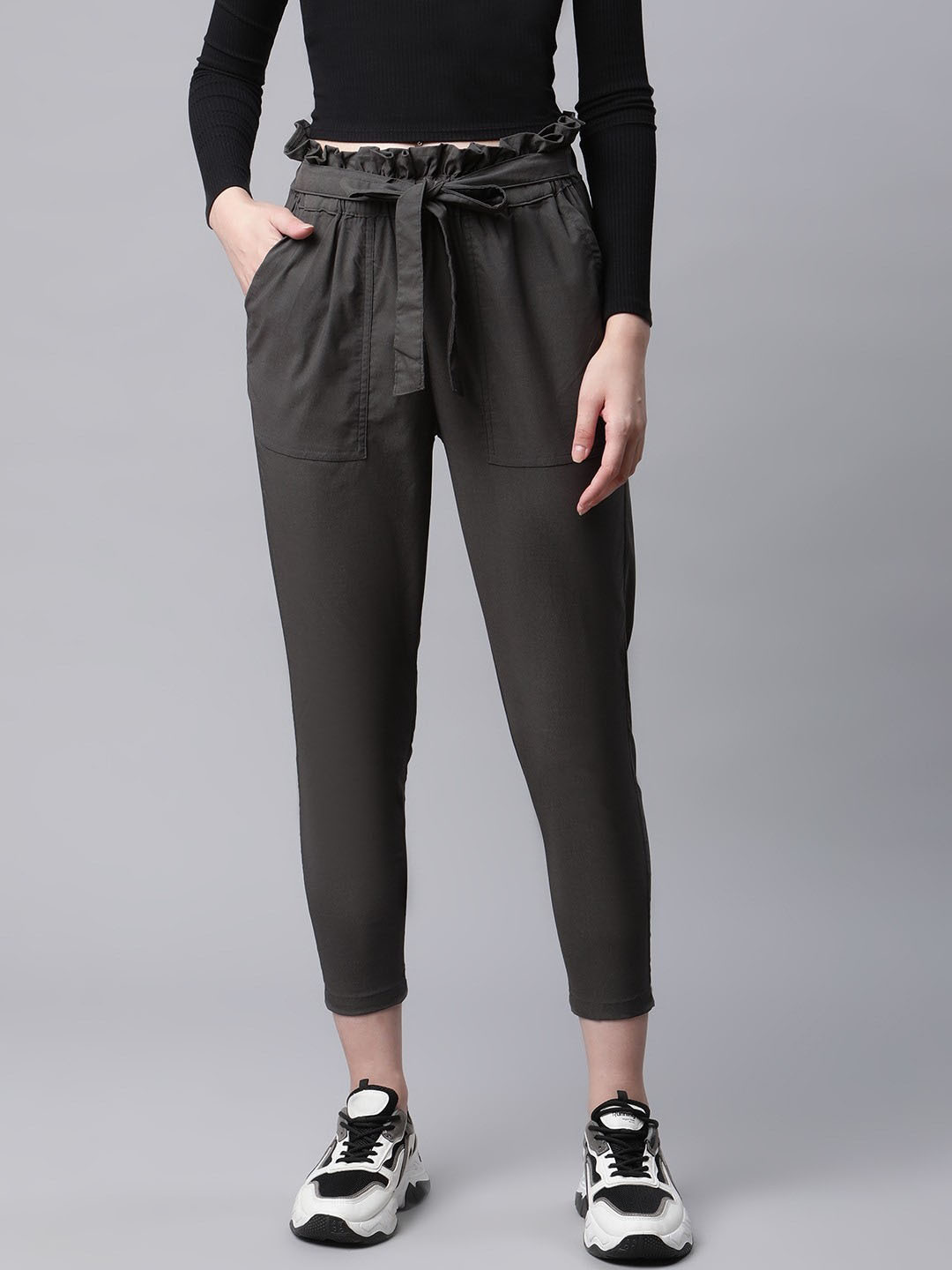 RIVI Women Tapered Fit Cropped Easy Wash Pure Cotton Regular Trousers