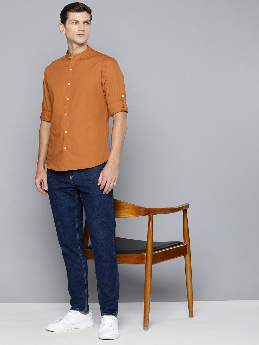 ether  Cotton Band Collar Solid Regular Fit Casual Shirt