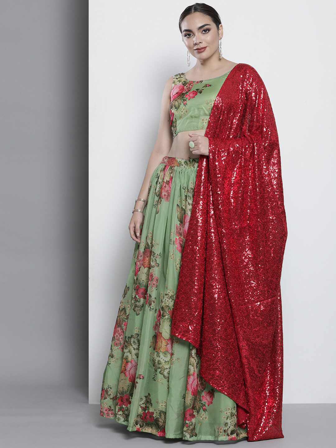 Fusionic Printed Organza Semi-Stitched Lehenga & Unstitched Blouse With Dupatta