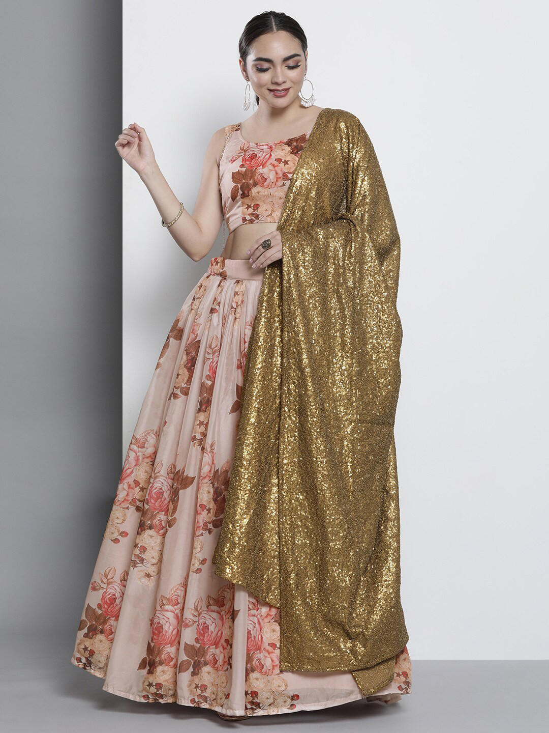 Fusionic Printed Sequinned Semi-Stitched Lehenga & Unstitched Blouse With Dupatta
