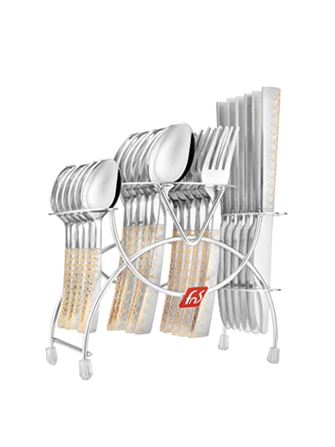 FNS 24 Pcs Partially Yellow & Grey Embossed Design Cutlery Set with Stand