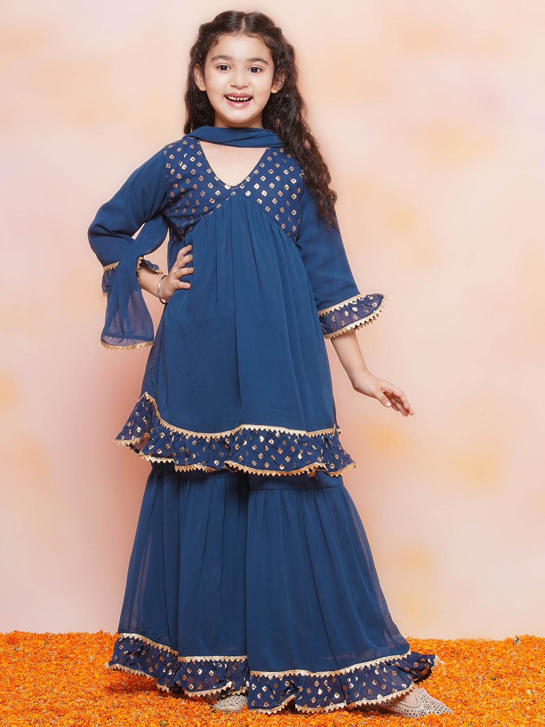 Aj DEZInES Girls Blue Ethnic Motifs Printed Empire Gotta Patti Kurta with Sharara Set