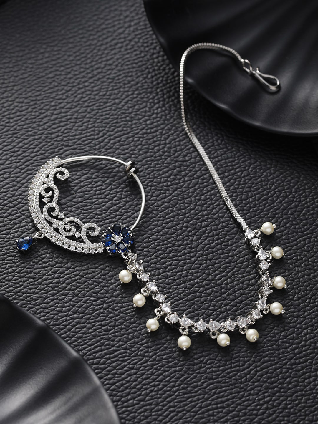 Jazz and Sizzle Silver-Plated AD Studded Vilandi Chained Nosepin