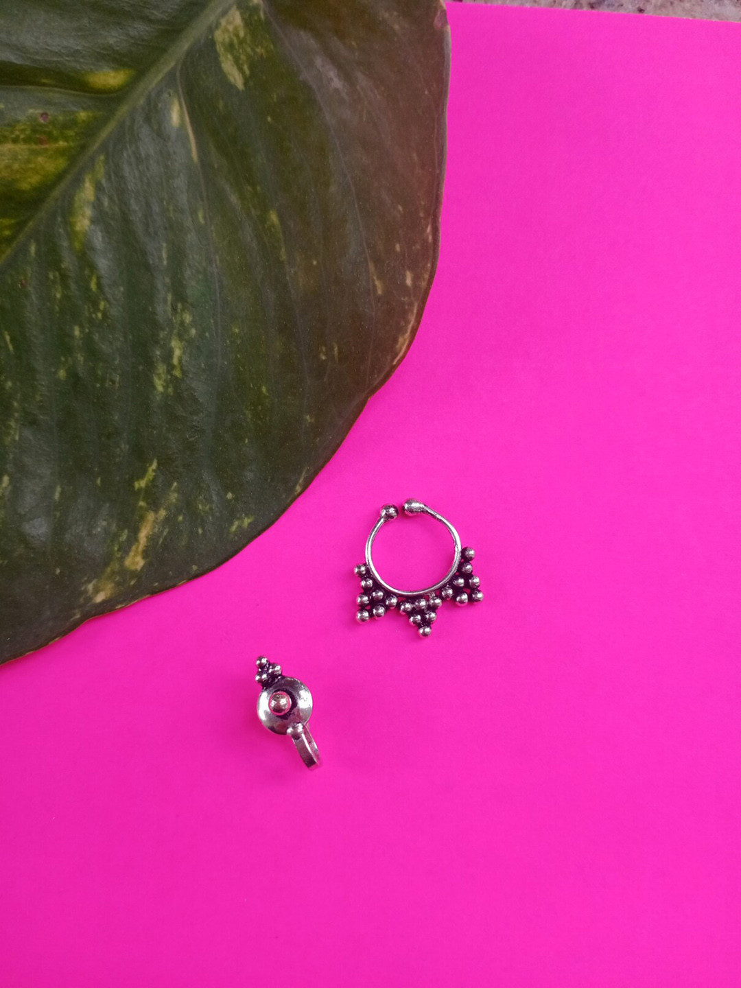 FIROZA Set Of 2 Silver Plated Oxidised Stone Studded Septum Nosepin