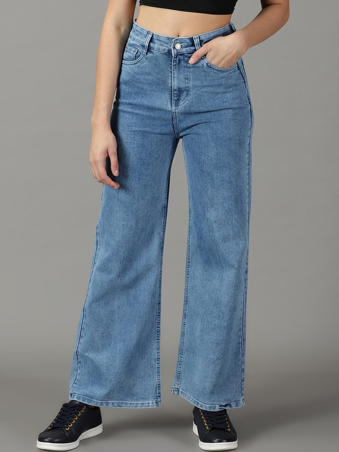 SHOWOFF Women Wide Leg Mid-Rise Bleached Stretchable Cotton Jeans